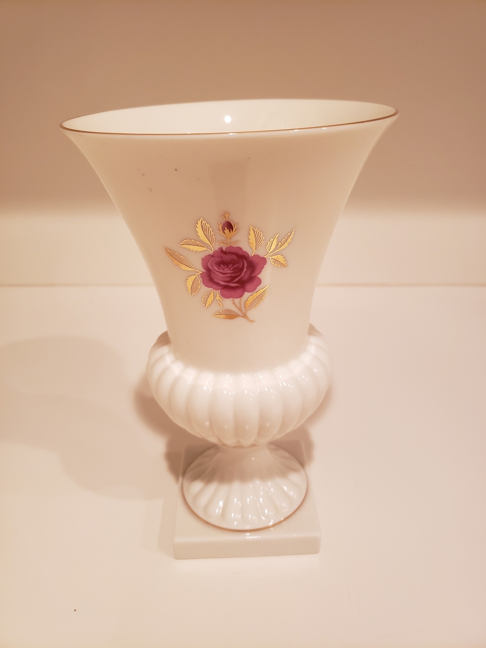 Lenox Rhodora 9" Pedestal Porcelain Vase with Rose Motif and Gold Trim